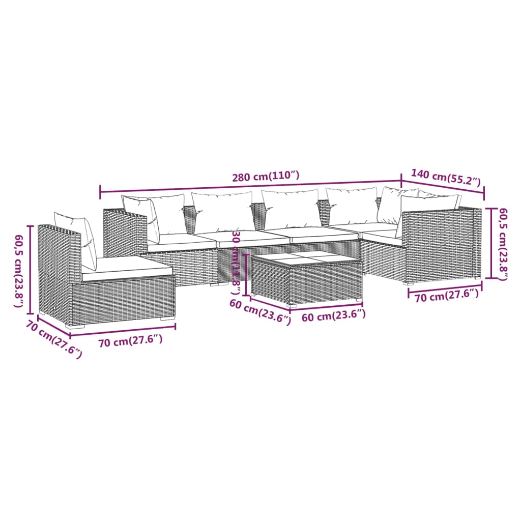 Set Divani da Giardino 7 pz con Cuscini in Polyrattan Marrone | homemem39