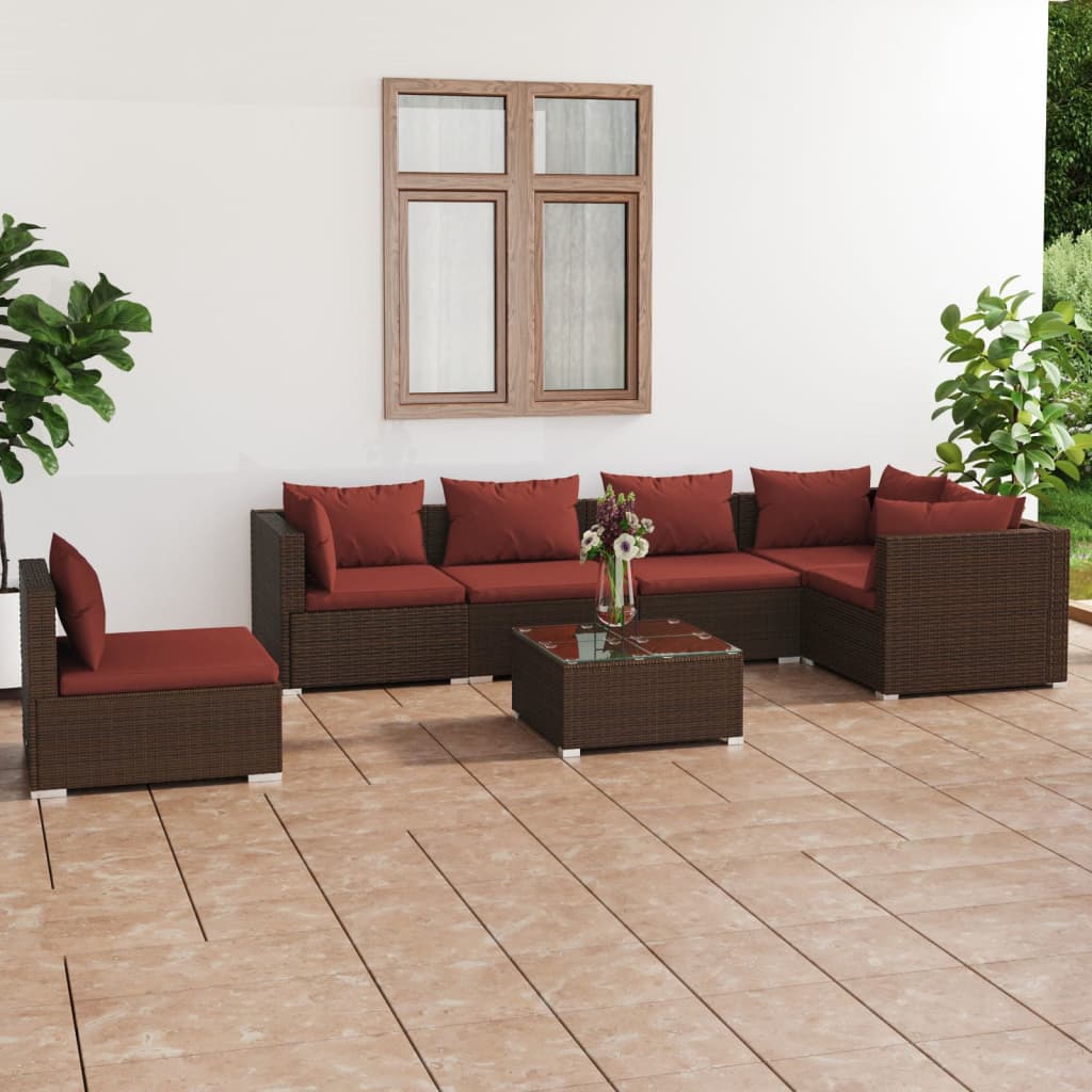 Set Divani da Giardino 7 pz con Cuscini in Polyrattan Marrone | homemem39