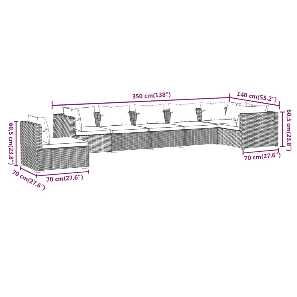 Set Divani da Giardino 7 pz con Cuscini in Polyrattan Marrone | homemem39