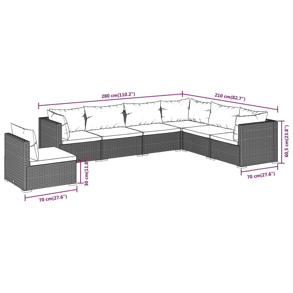 Set Divani da Giardino 7 pz con Cuscini in Polyrattan Marrone | homemem39