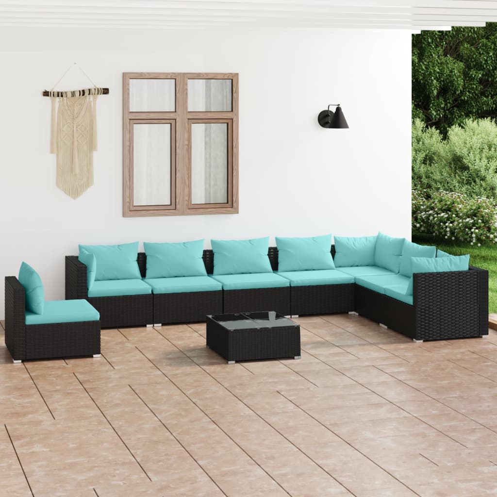 Set Divani da Giardino 9 pz con Cuscini in Polyrattan Nero | homemem39