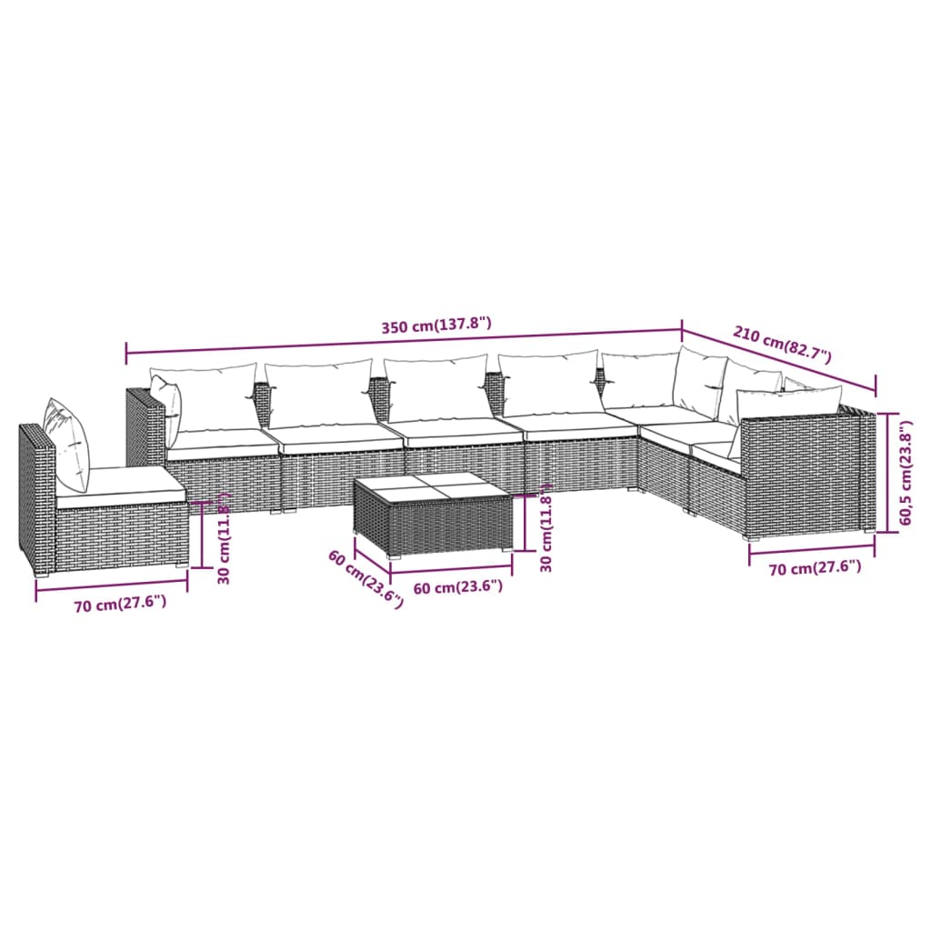 Set Divani da Giardino 9 pz con Cuscini in Polyrattan Marrone | homemem39
