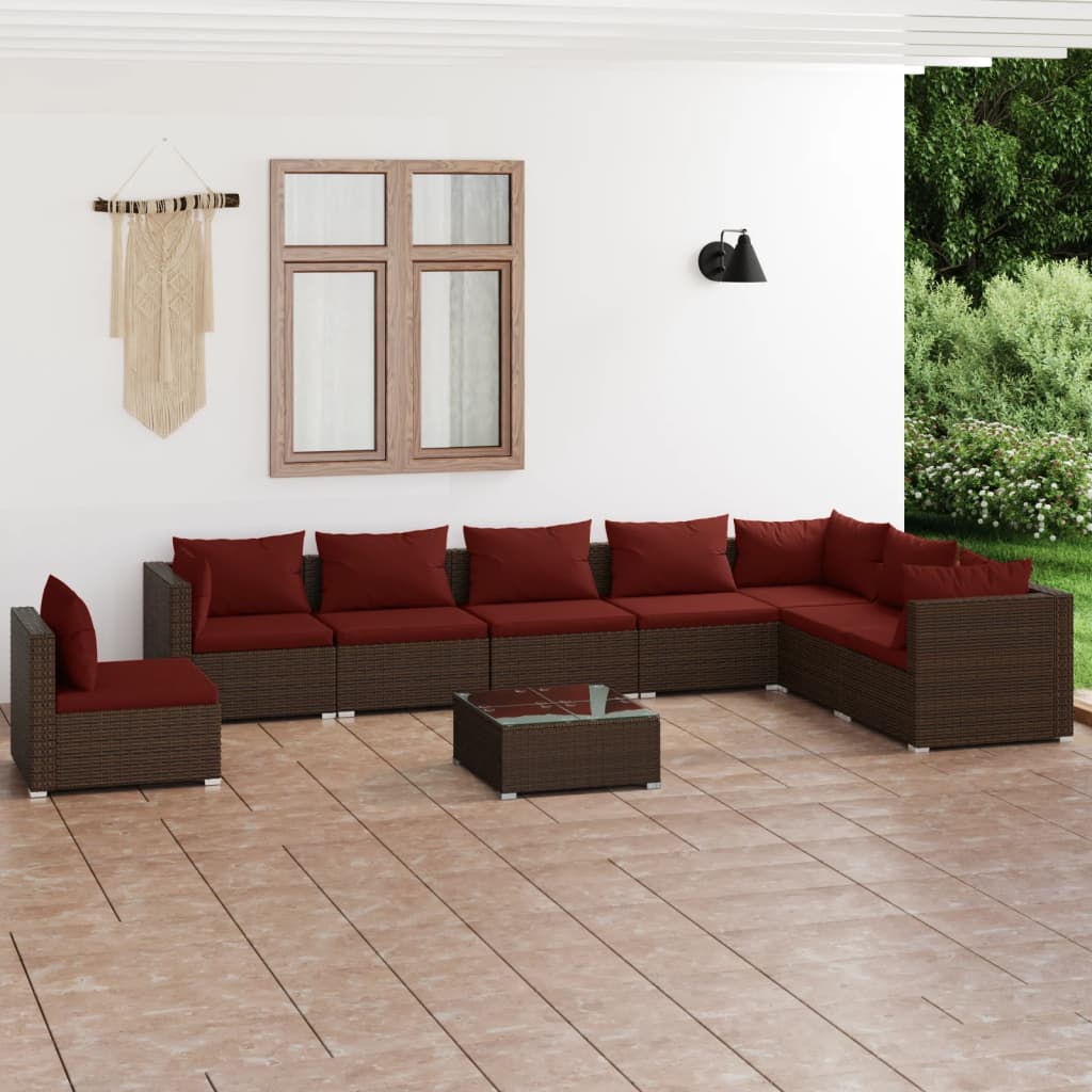 Set Divani da Giardino 9 pz con Cuscini in Polyrattan Marrone | homemem39
