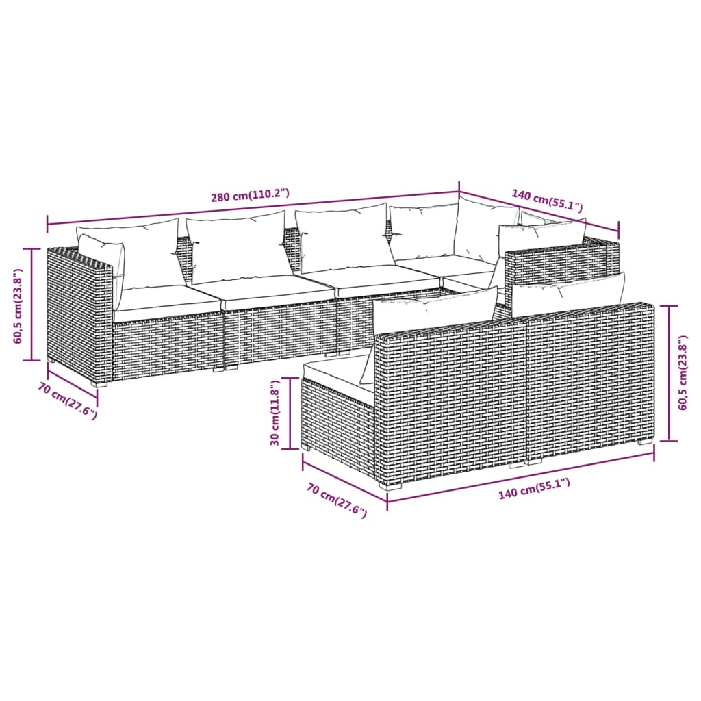 Set Divani da Giardino 7 pz con Cuscini in Polyrattan Marrone | homemem39