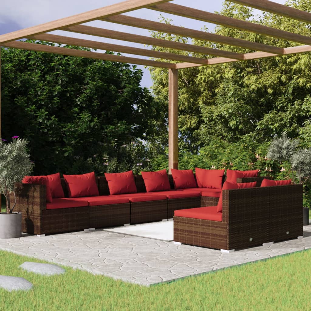 Set Divani da Giardino 8 pz con Cuscini in Polyrattan Marrone | homemem39