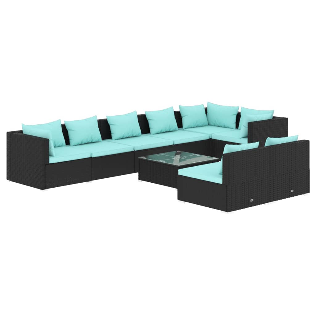 Set Divani da Giardino 9 pz con Cuscini in Polyrattan Nero | homemem39