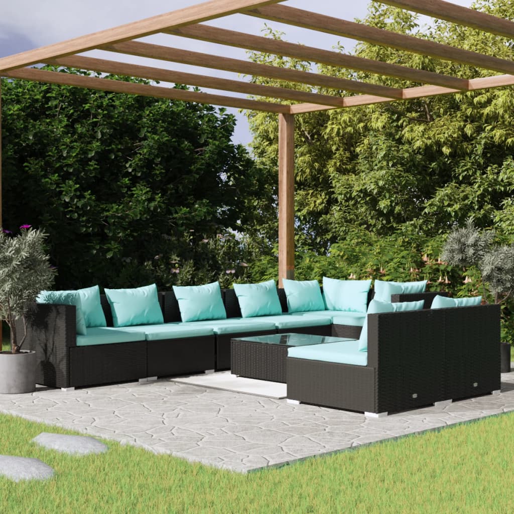 Set Divani da Giardino 9 pz con Cuscini in Polyrattan Nero | homemem39