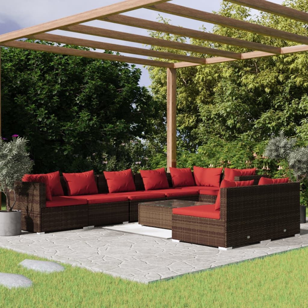 Set Divani da Giardino 9 pz con Cuscini in Polyrattan Marrone | homemem39