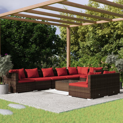 Set Divani da Giardino 9 pz con Cuscini in Polyrattan Marrone | homemem39
