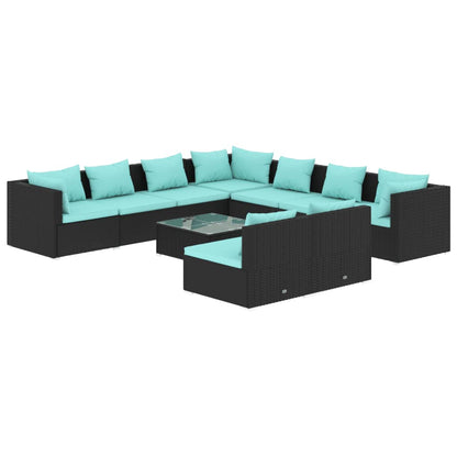 Set Salotto da Giardino 10pz con Cuscini in Polyrattan Nero | homemem39