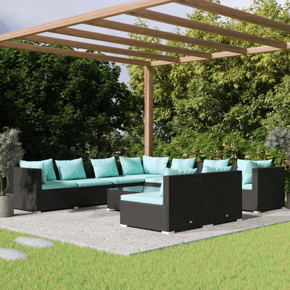 Set Salotto da Giardino 10pz con Cuscini in Polyrattan Nero | homemem39