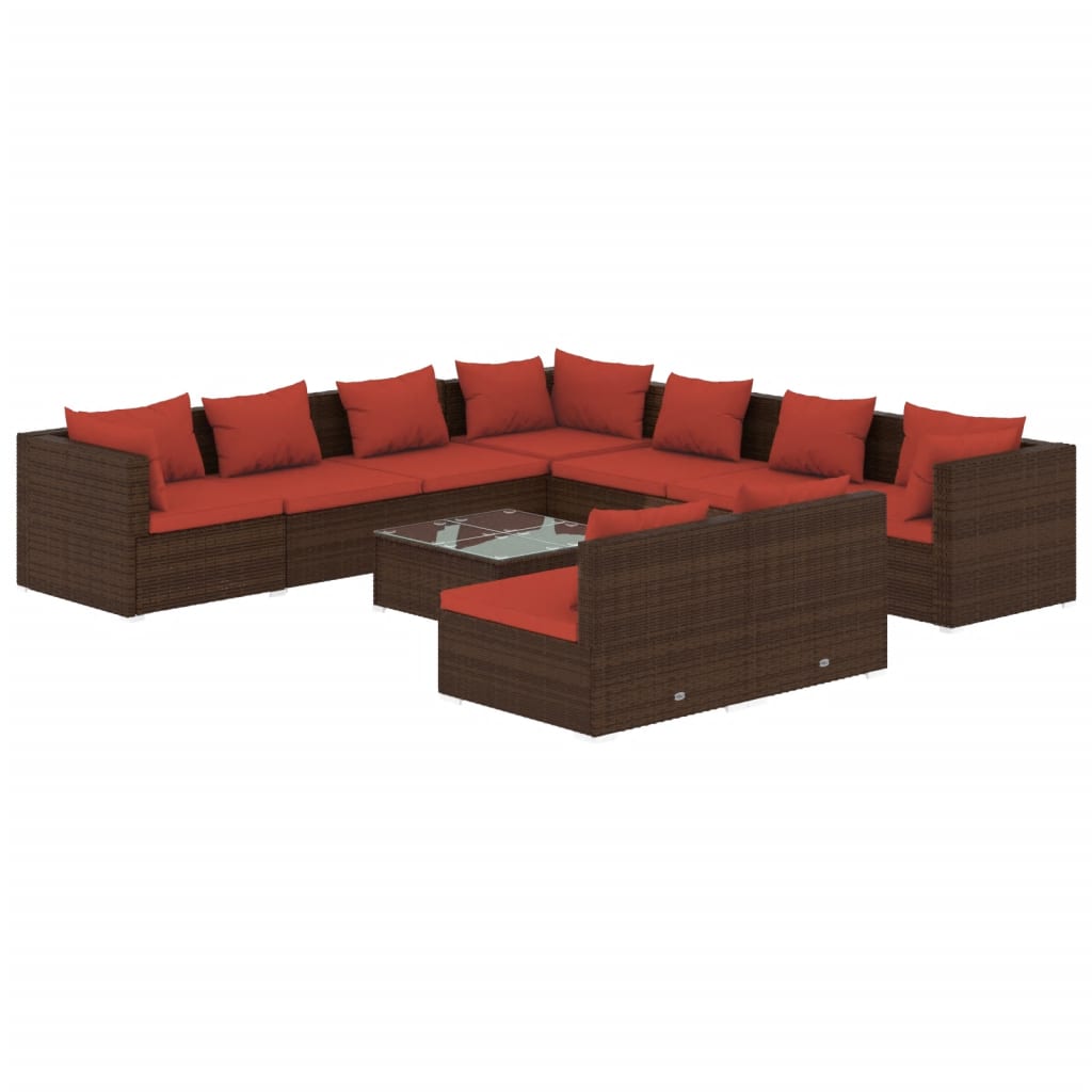 Set Divani da Giardino 10 pz con Cuscini in Polyrattan Marrone | homemem39