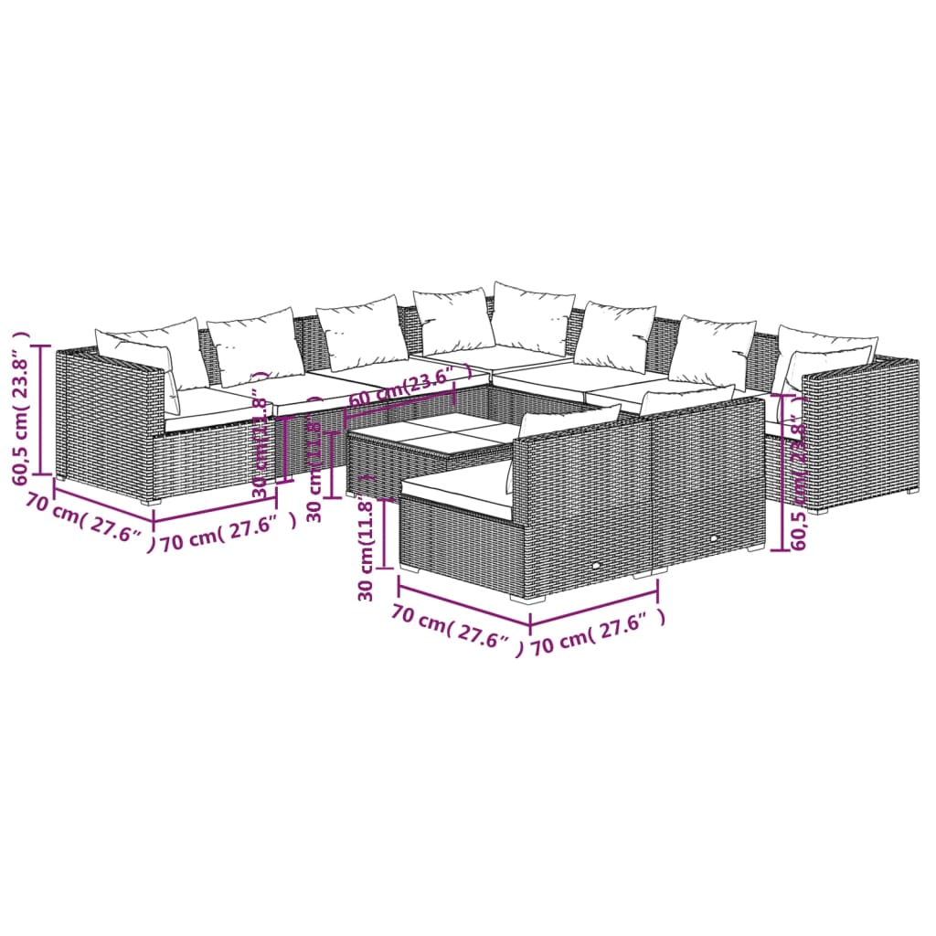 Set Divani da Giardino 10 pz con Cuscini in Polyrattan Grigio | homemem39