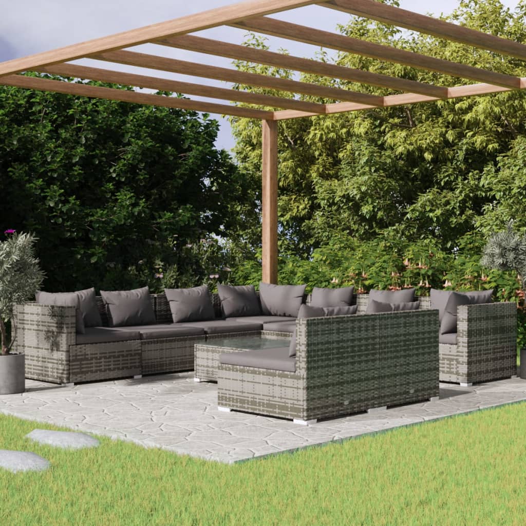 Set Divani da Giardino 10 pz con Cuscini in Polyrattan Grigio | homemem39