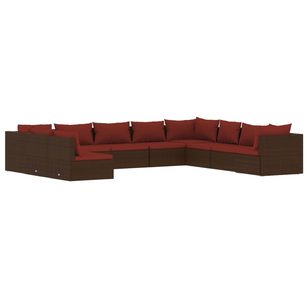 Set Divani da Giardino 10 pz con Cuscini in Polyrattan Marrone | homemem39