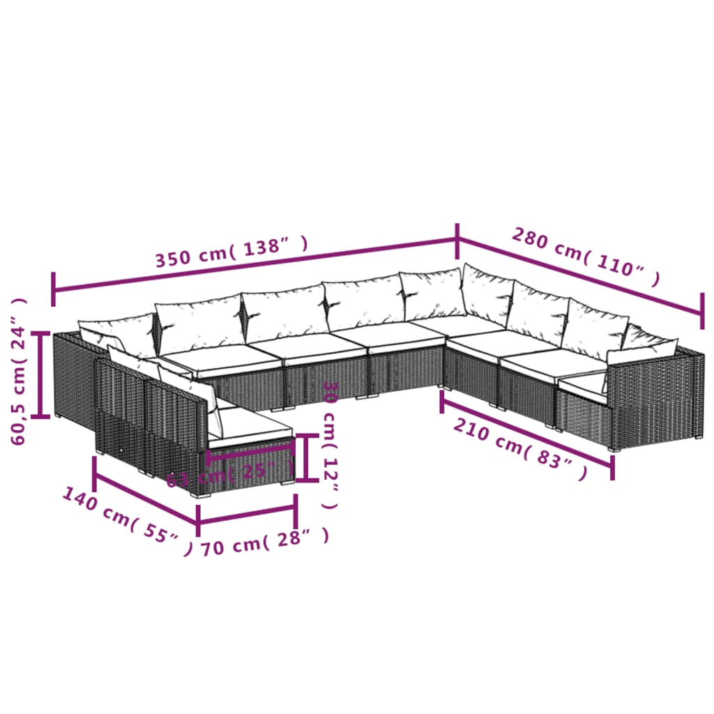Set Divani da Giardino 10 pz con Cuscini in Polyrattan Marrone | homemem39