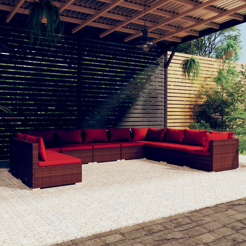 Set Divani da Giardino 10 pz con Cuscini in Polyrattan Marrone | homemem39