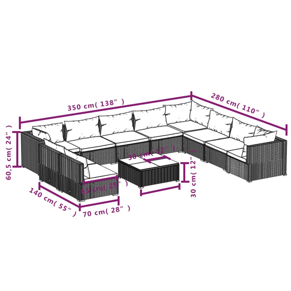Set Divani da Giardino 11 pz con Cuscini in Polyrattan Marrone | homemem39