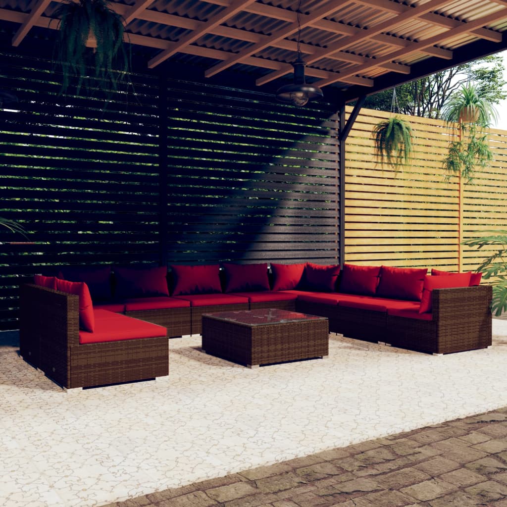 Set Divani da Giardino 11 pz con Cuscini in Polyrattan Marrone | homemem39