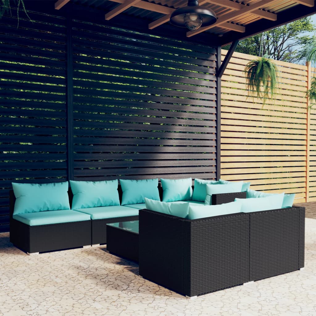 Set Mobili da Giardino con Cuscini 8 pz Nero in Polyrattan | homemem39