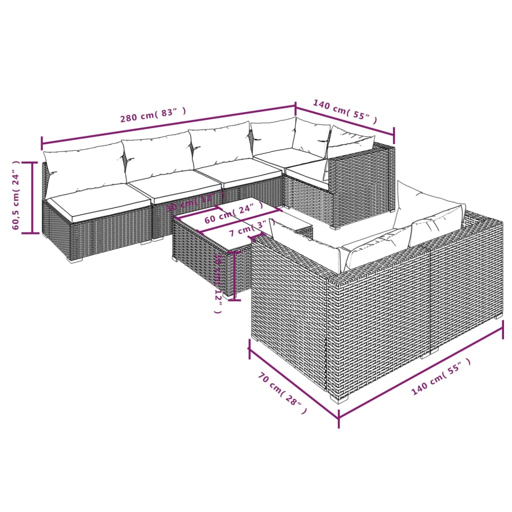 Set Divani da Giardino 8 pz con Cuscini in Polyrattan Marrone | homemem39