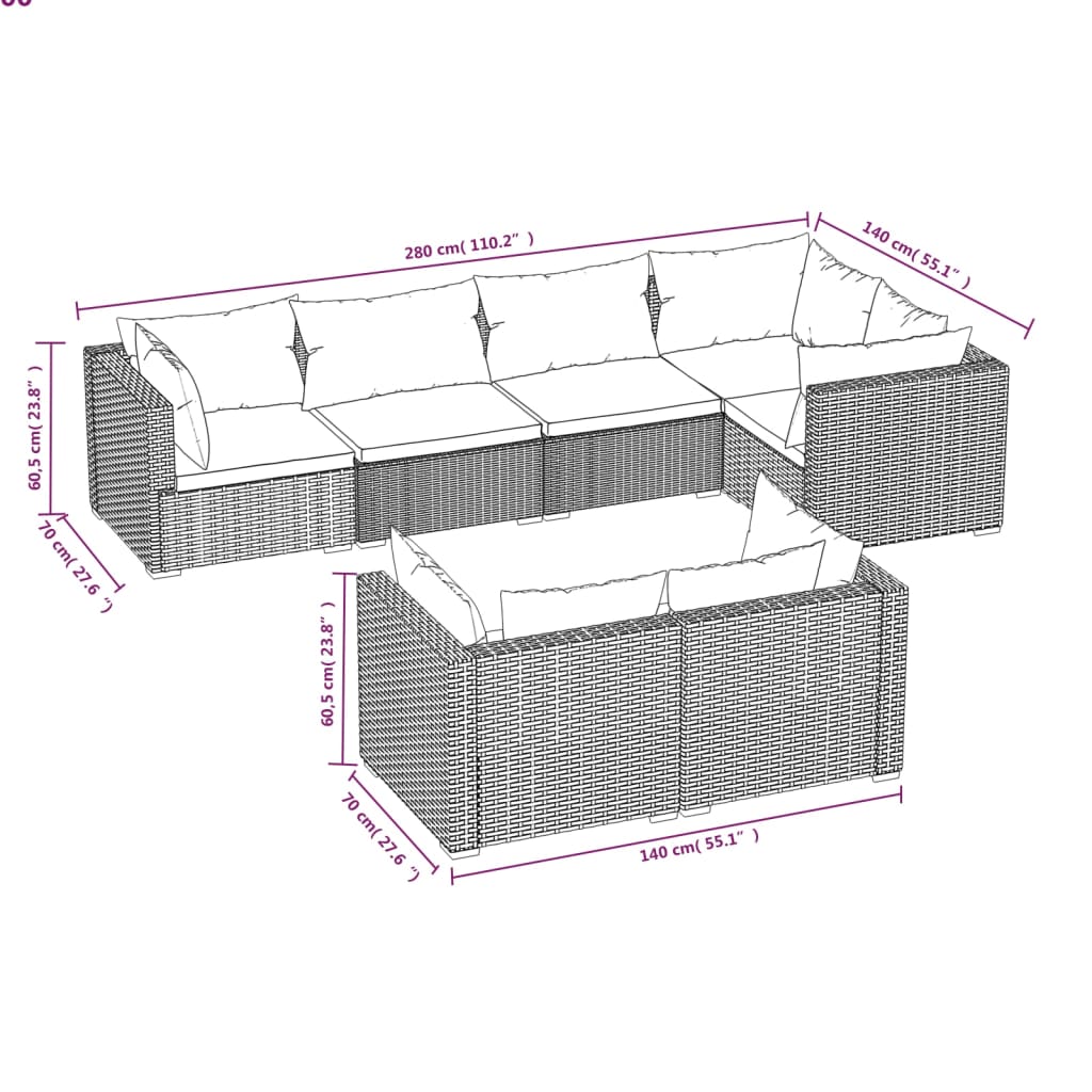 Set Divani da Giardino 7 pz con Cuscini in Polyrattan Marrone | homemem39