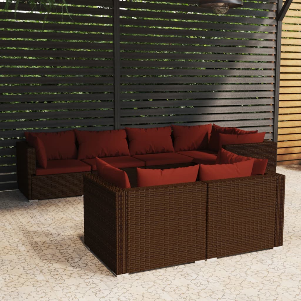 Set Divani da Giardino 7 pz con Cuscini in Polyrattan Marrone | homemem39