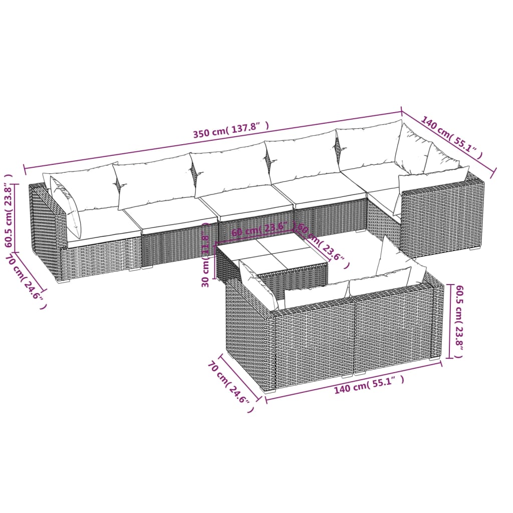 Set Salotto da Giardino con Cuscini 9pz Nero in Polyrattan | homemem39