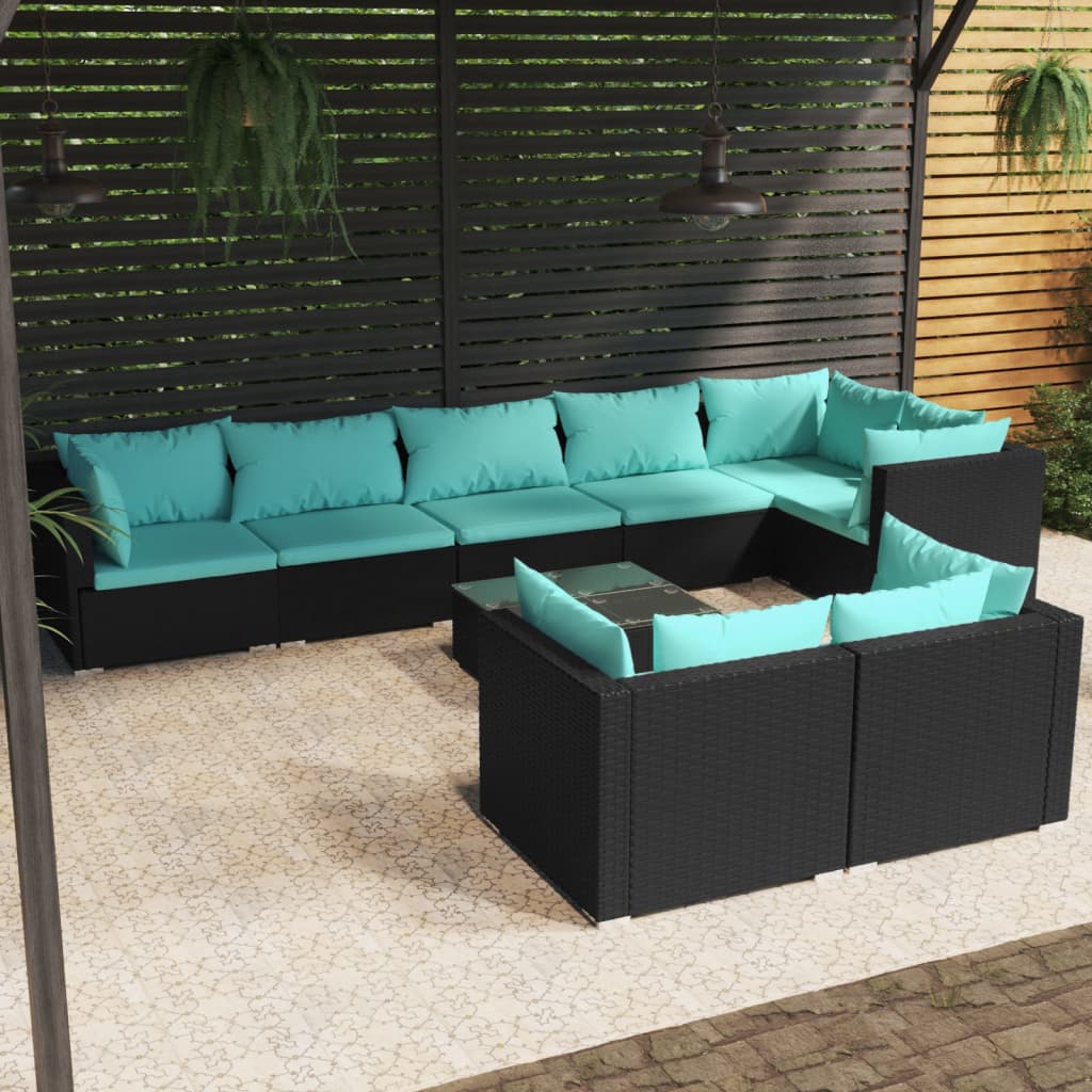 Set Salotto da Giardino con Cuscini 9pz Nero in Polyrattan | homemem39