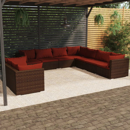 Set Divani da Giardino 9 pz con Cuscini in Polyrattan Marrone | homemem39