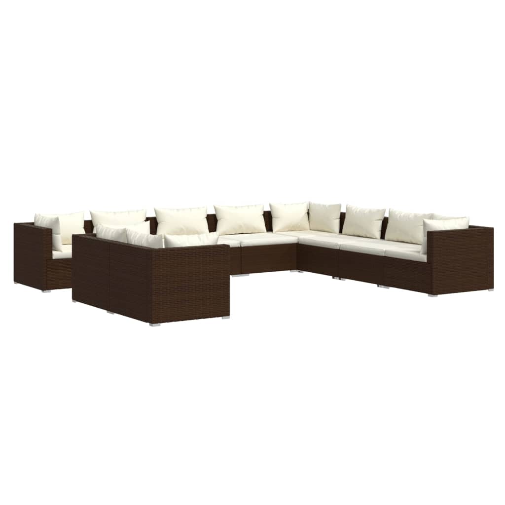 Set Divani da Giardino 10 pz con Cuscini in Polyrattan Marrone