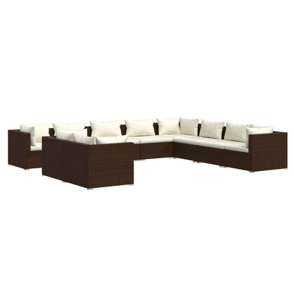Set Divani da Giardino 10 pz con Cuscini in Polyrattan Marrone