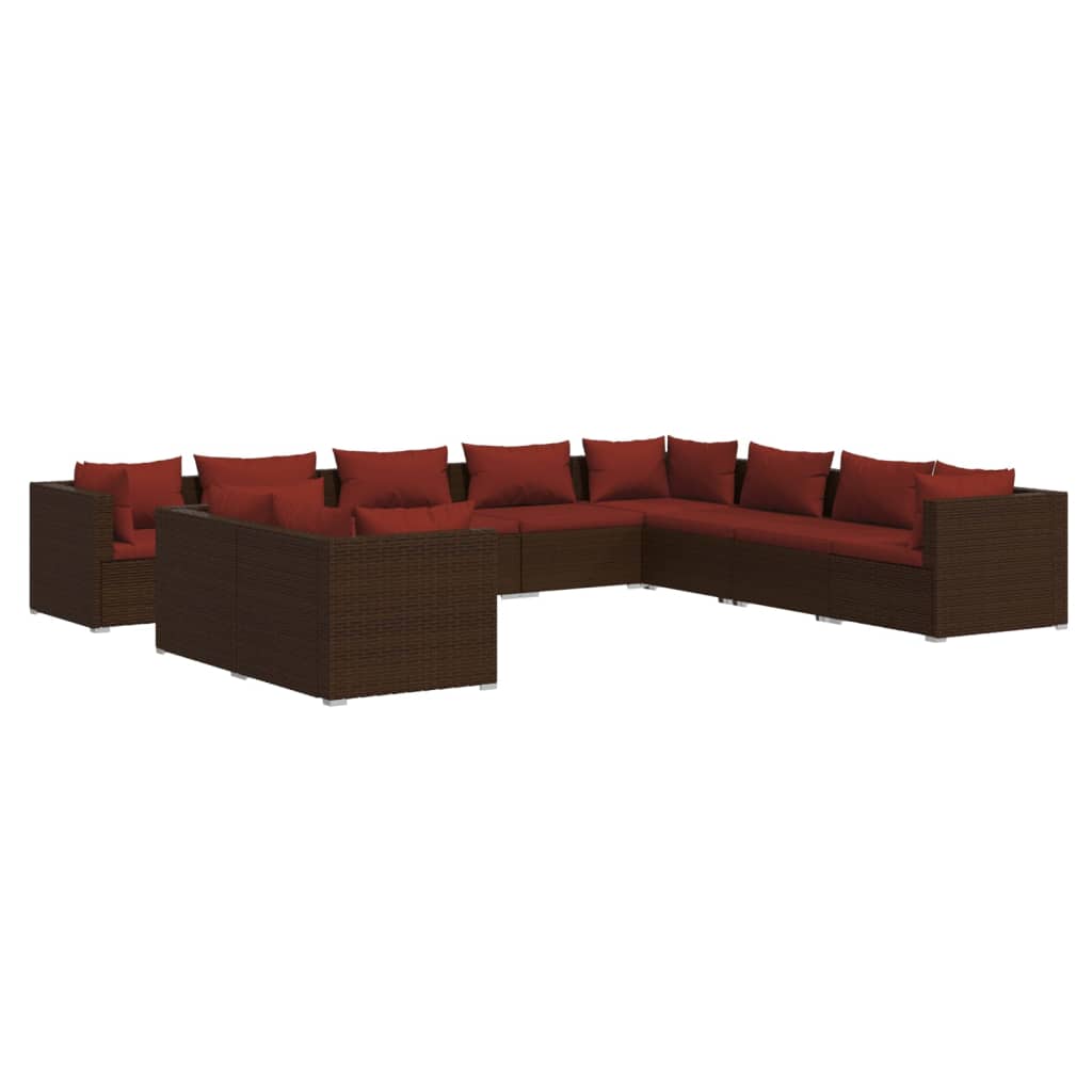 Set Divani da Giardino 10 pz con Cuscini in Polyrattan Marrone | homemem39
