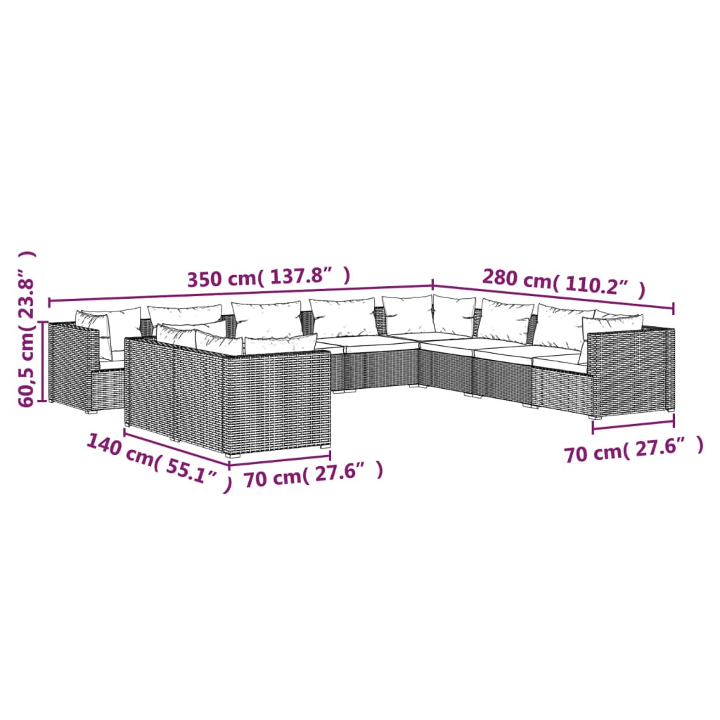Set Divani da Giardino 10 pz con Cuscini in Polyrattan Marrone | homemem39