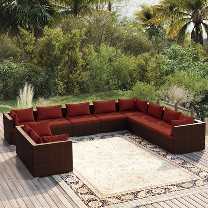 Set Divani da Giardino 10 pz con Cuscini in Polyrattan Marrone | homemem39