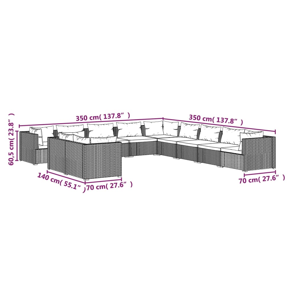 Set Divani da Giardino 11 pz con Cuscini in Polyrattan Marrone | homemem39