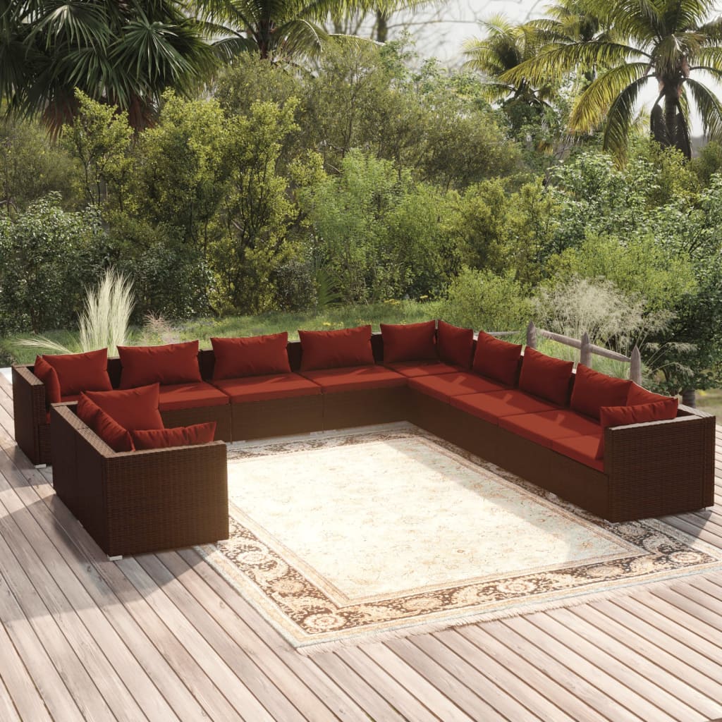 Set Divani da Giardino 11 pz con Cuscini in Polyrattan Marrone | homemem39