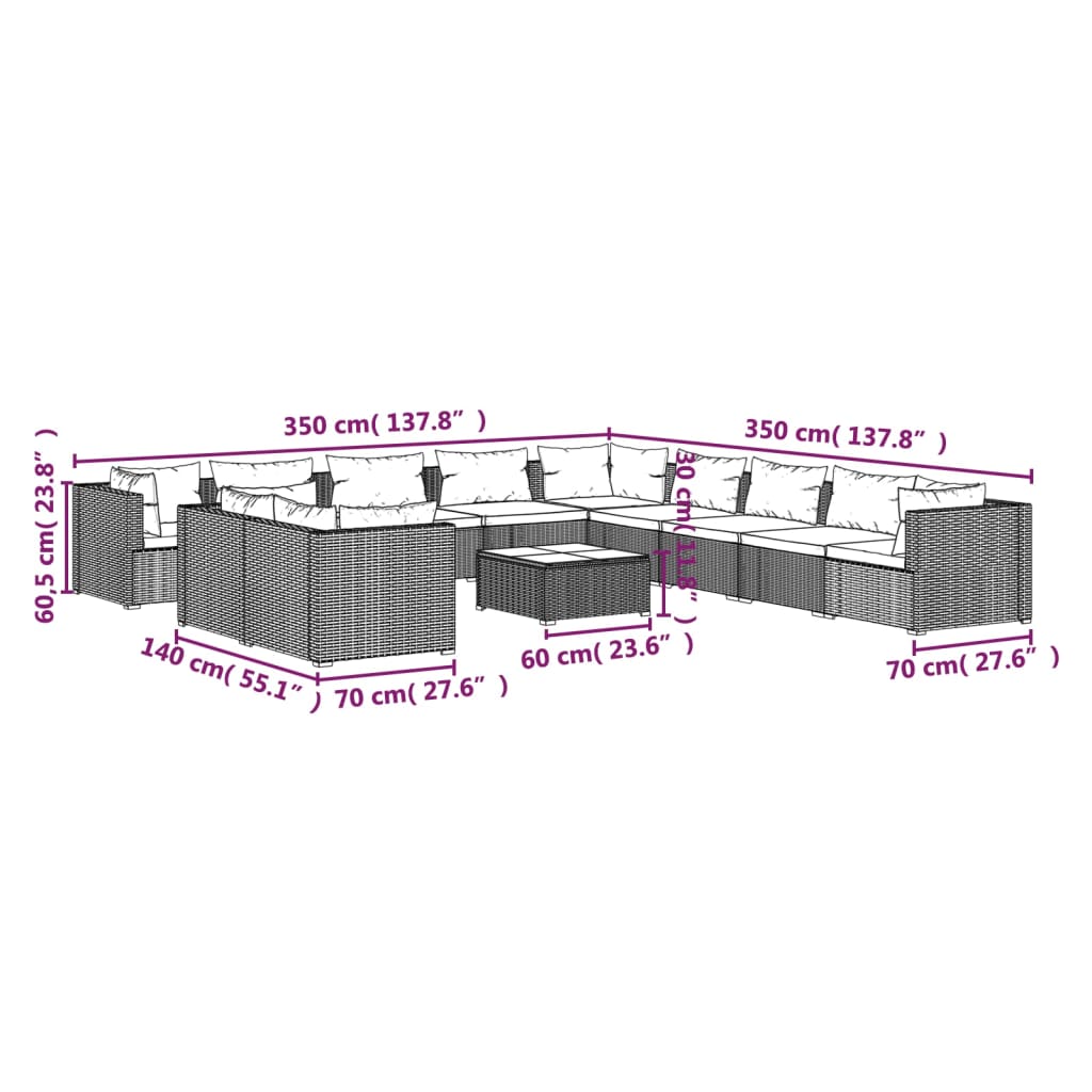 Set Divani da Giardino 12 pz con Cuscini in Polyrattan Nero | homemem39