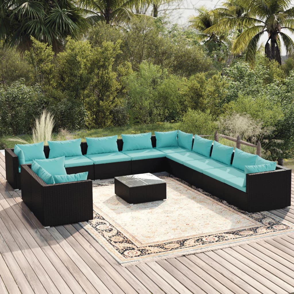 Set Divani da Giardino 12 pz con Cuscini in Polyrattan Nero | homemem39