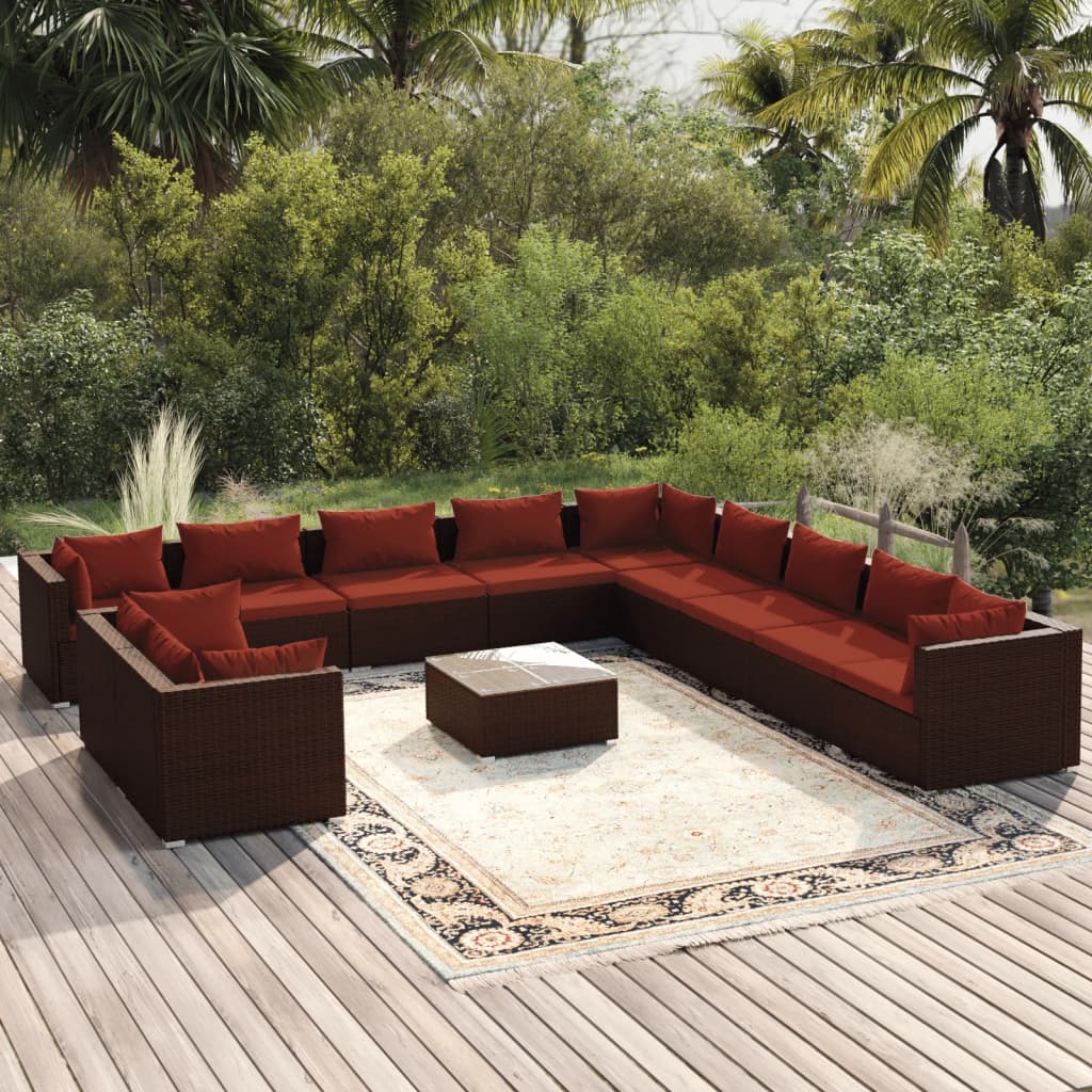 Set Divani da Giardino 12 pz con Cuscini Marrone in Polyrattan | homemem39