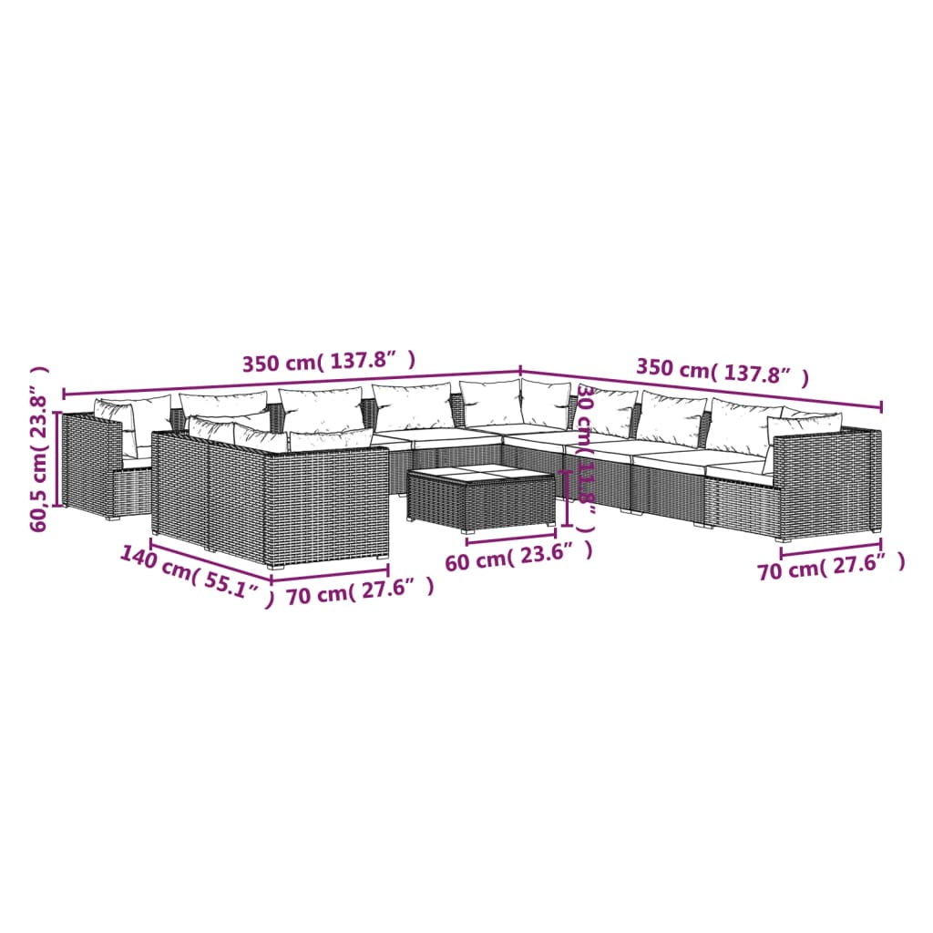Set Divani da Giardino 12 pz con Cuscini in Polyrattan Grigio | homemem39