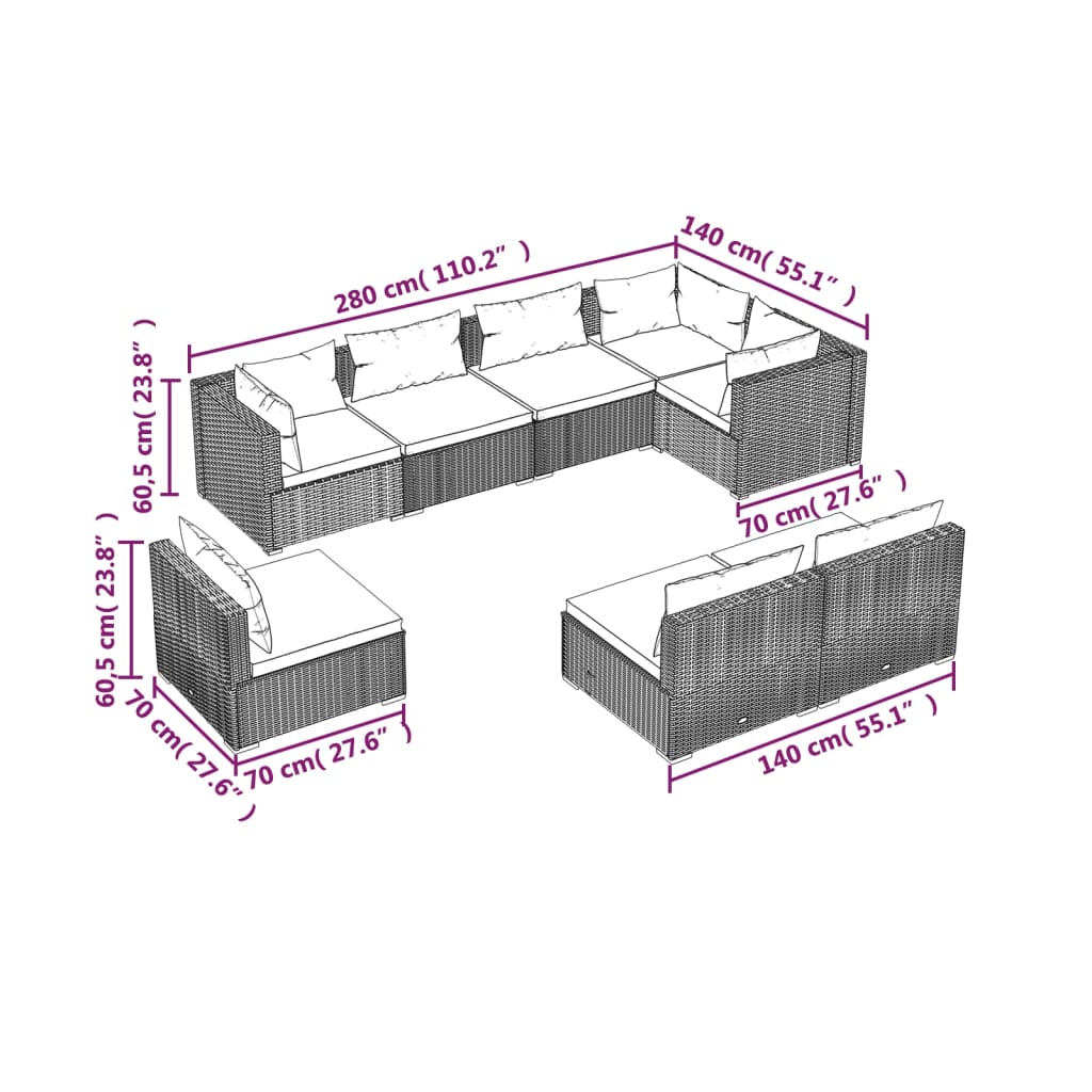 Set Divani da Giardino 8 pz con Cuscini in Polyrattan Marrone | homemem39