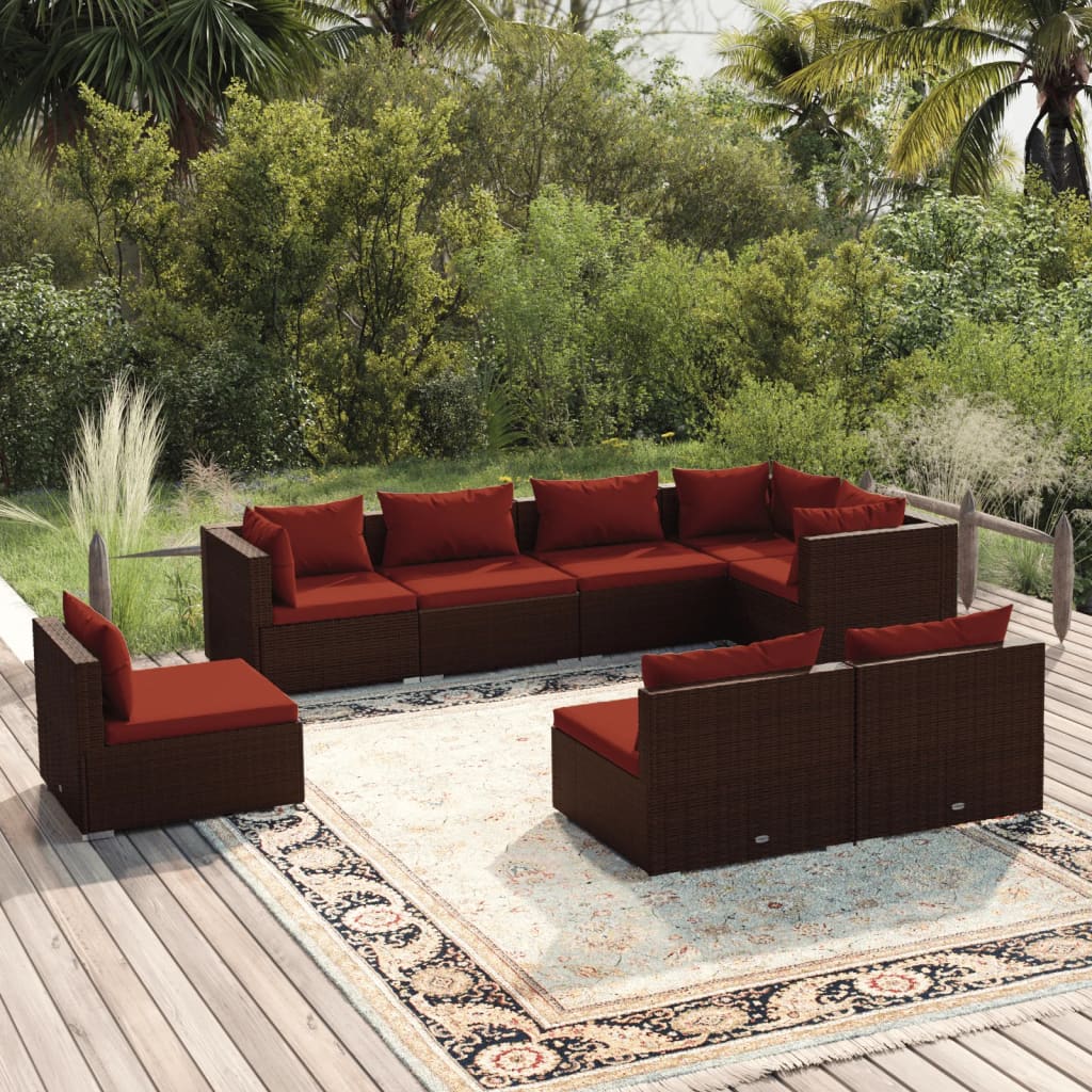 Set Divani da Giardino 8 pz con Cuscini in Polyrattan Marrone | homemem39
