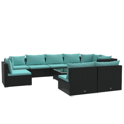 Set Divani da Giardino 10 pz con Cuscini in Polyrattan Nero | homemem39