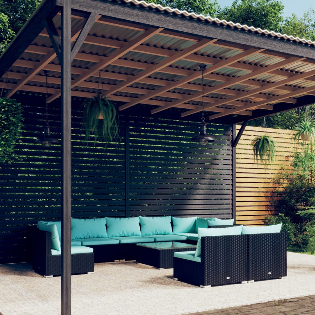 Set Divani da Giardino 10 pz con Cuscini in Polyrattan Nero | homemem39