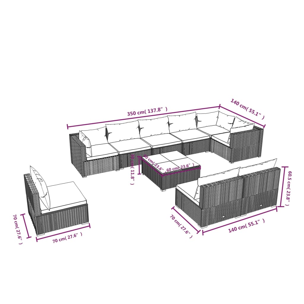 Set Divani da Giardino 10 pz con Cuscini in Polyrattan Marrone | homemem39