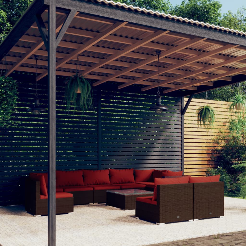 Set Divani da Giardino 10 pz con Cuscini in Polyrattan Marrone | homemem39
