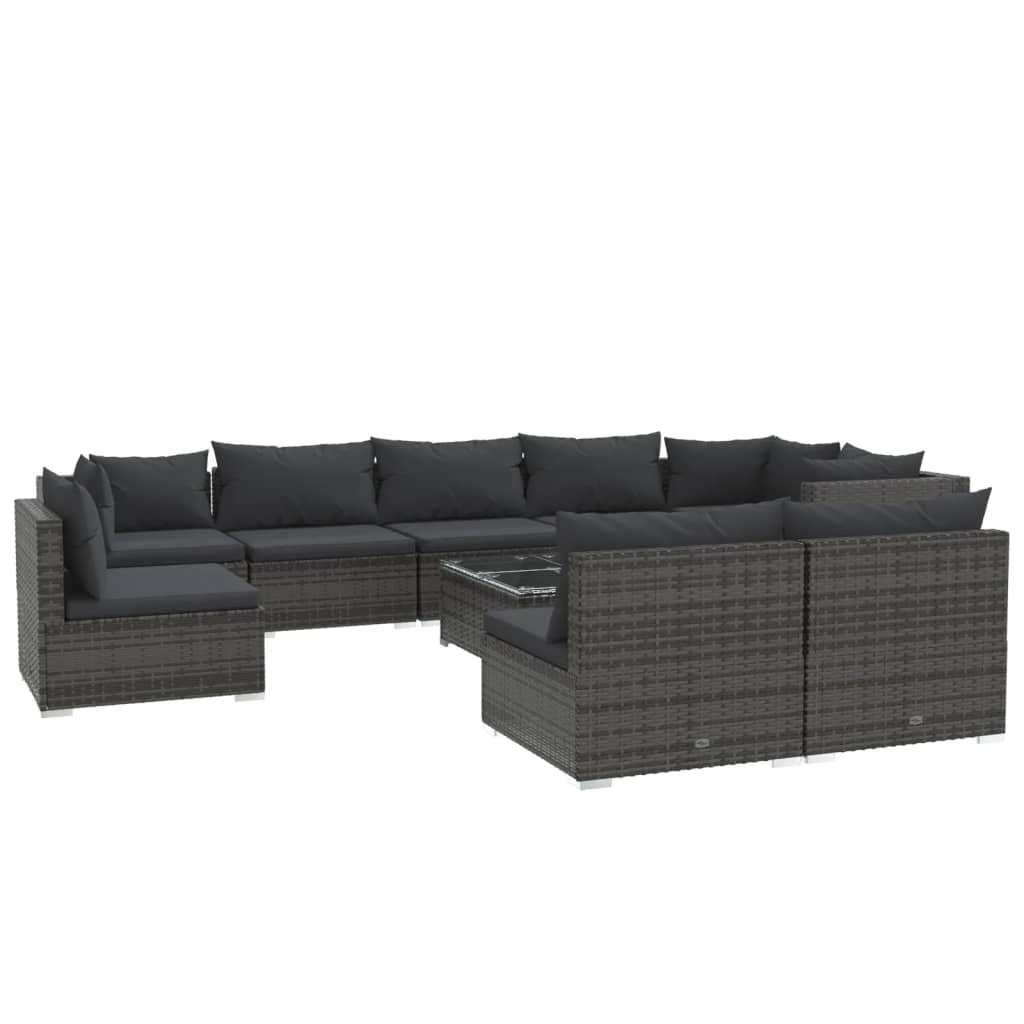 Set Divani da Giardino 10 pz con Cuscini in Polyrattan Grigio | homemem39