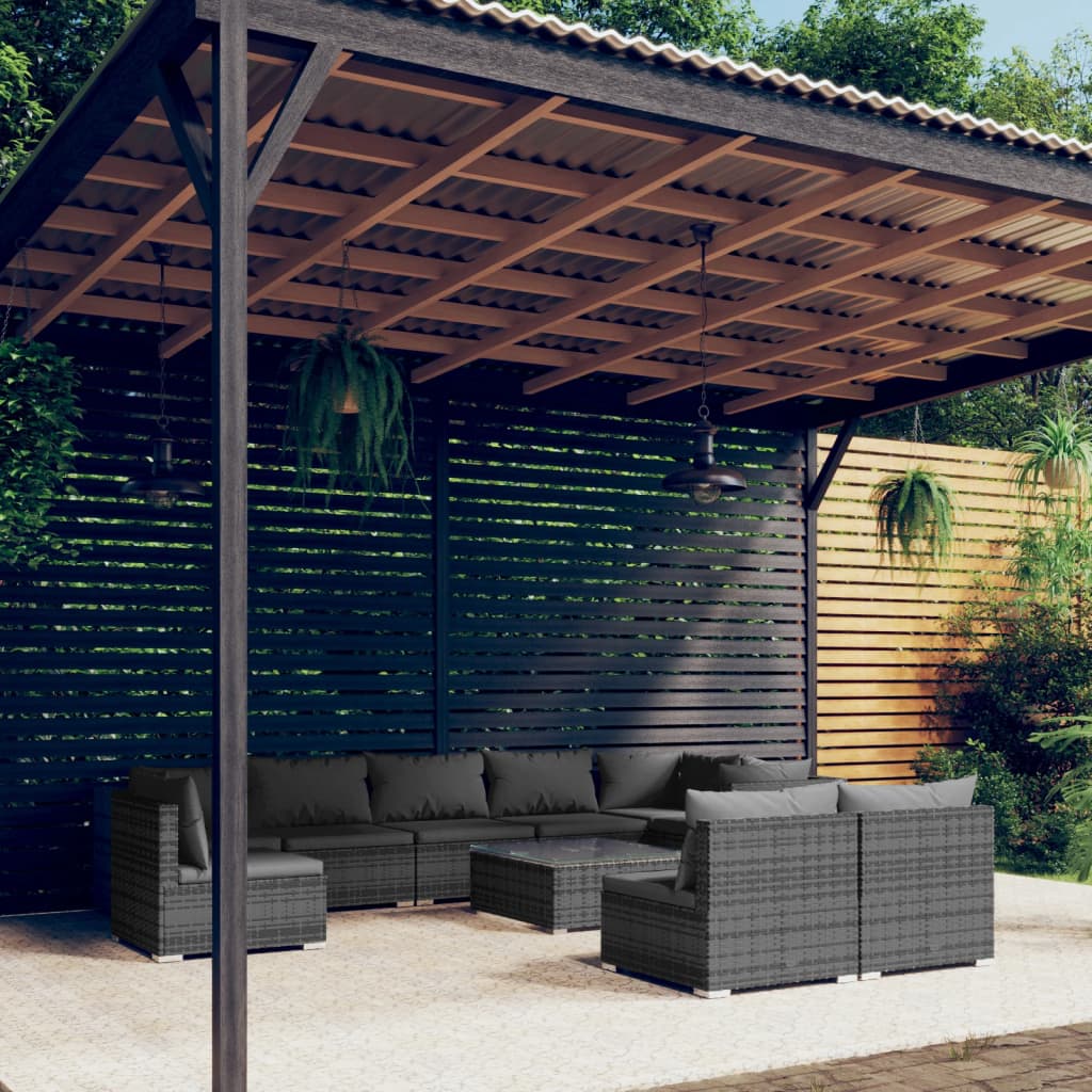Set Divani da Giardino 10 pz con Cuscini in Polyrattan Grigio | homemem39