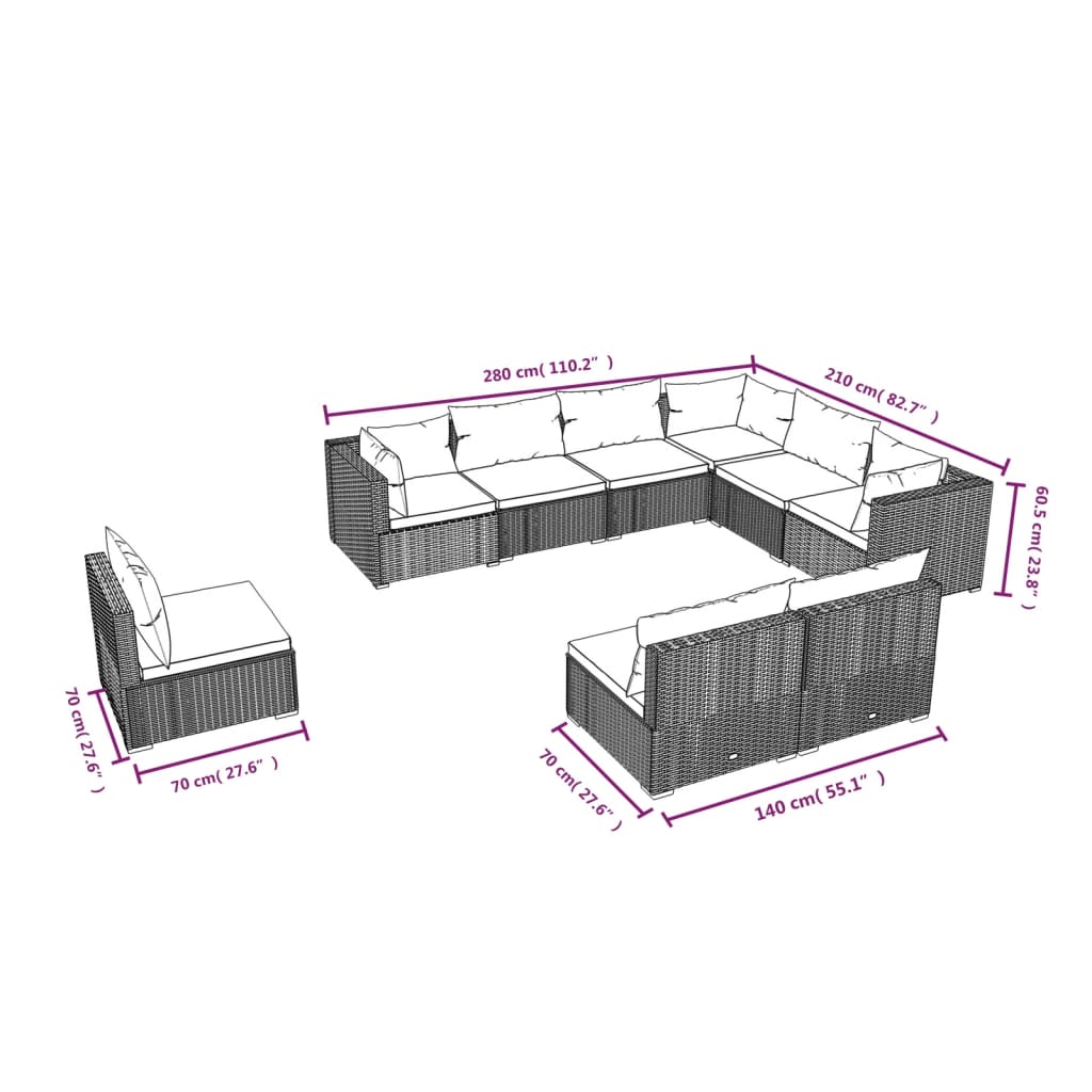 Set Divani da Giardino 9 pz con Cuscini in Polyrattan Marrone | homemem39